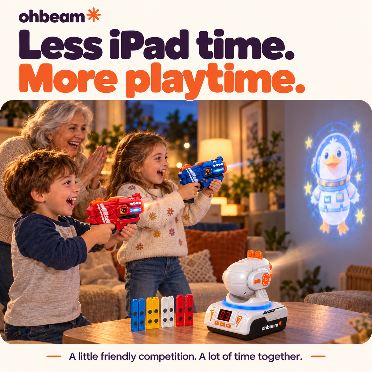 A grandmother and children enjoying a projector game together